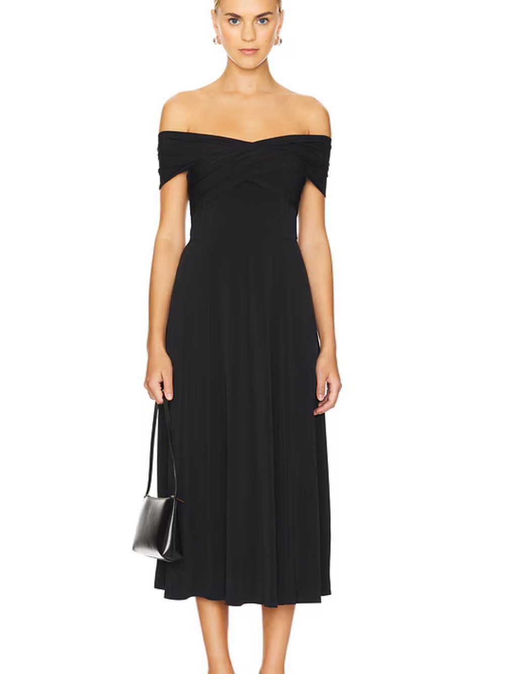 Yumi Kim Margot Dress Black Off-Shoulder Midi stretch Revolve NWT M